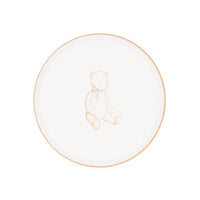 Tan teddy bear paper dessert plate, cream plate with a tan rim and a sketched sitting bear