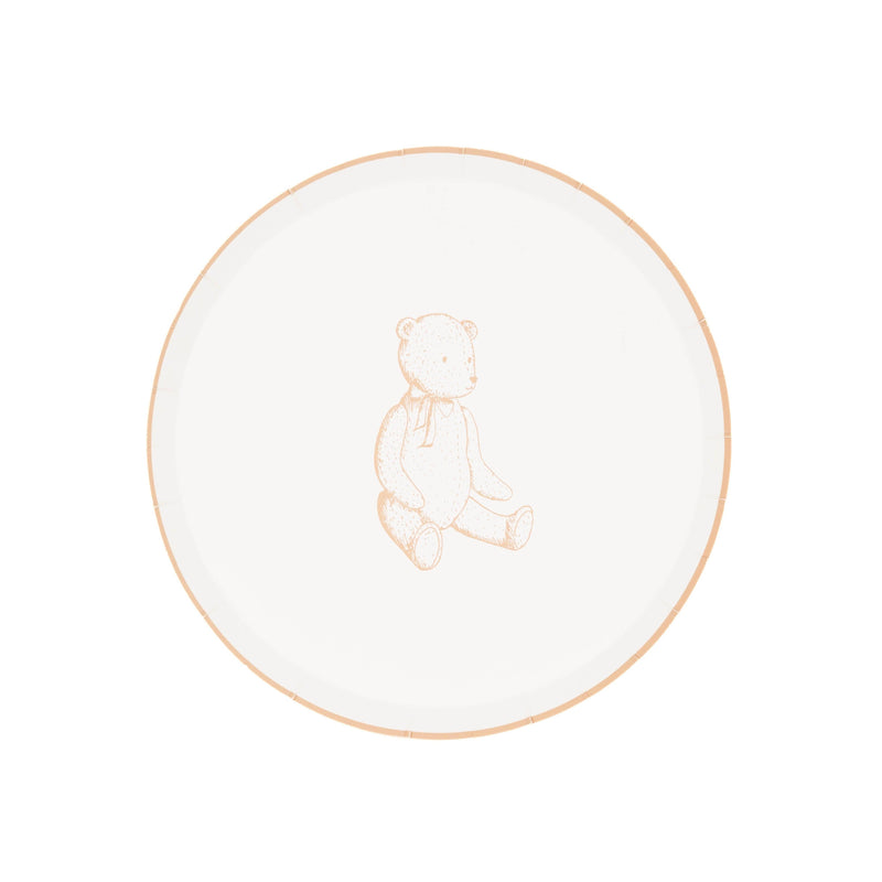 Tan teddy bear paper dessert plate, cream plate with a tan rim and a sketched sitting bear