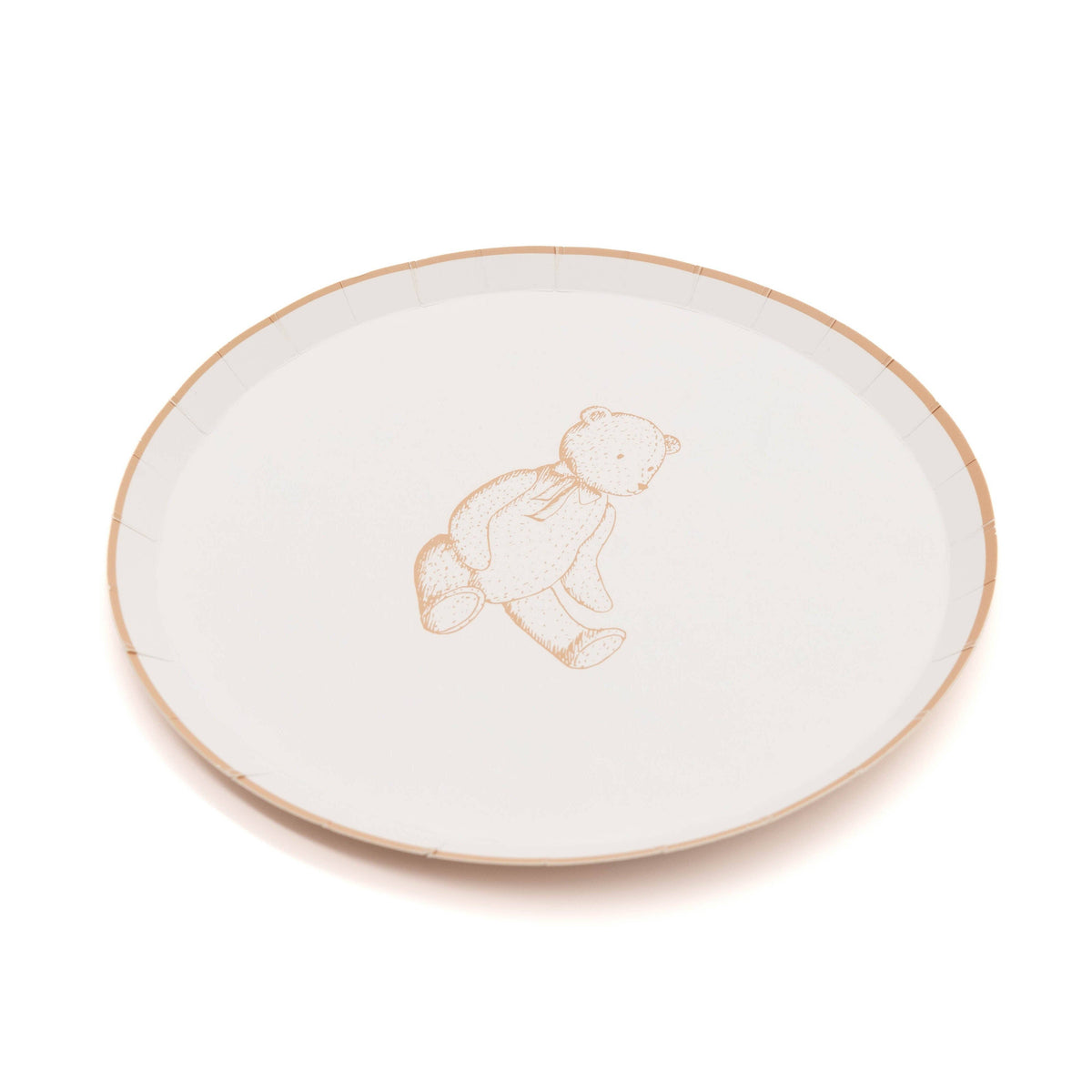 Tan teddy bear paper dessert plate at an angle on white, showing the 8.5 inch round shape