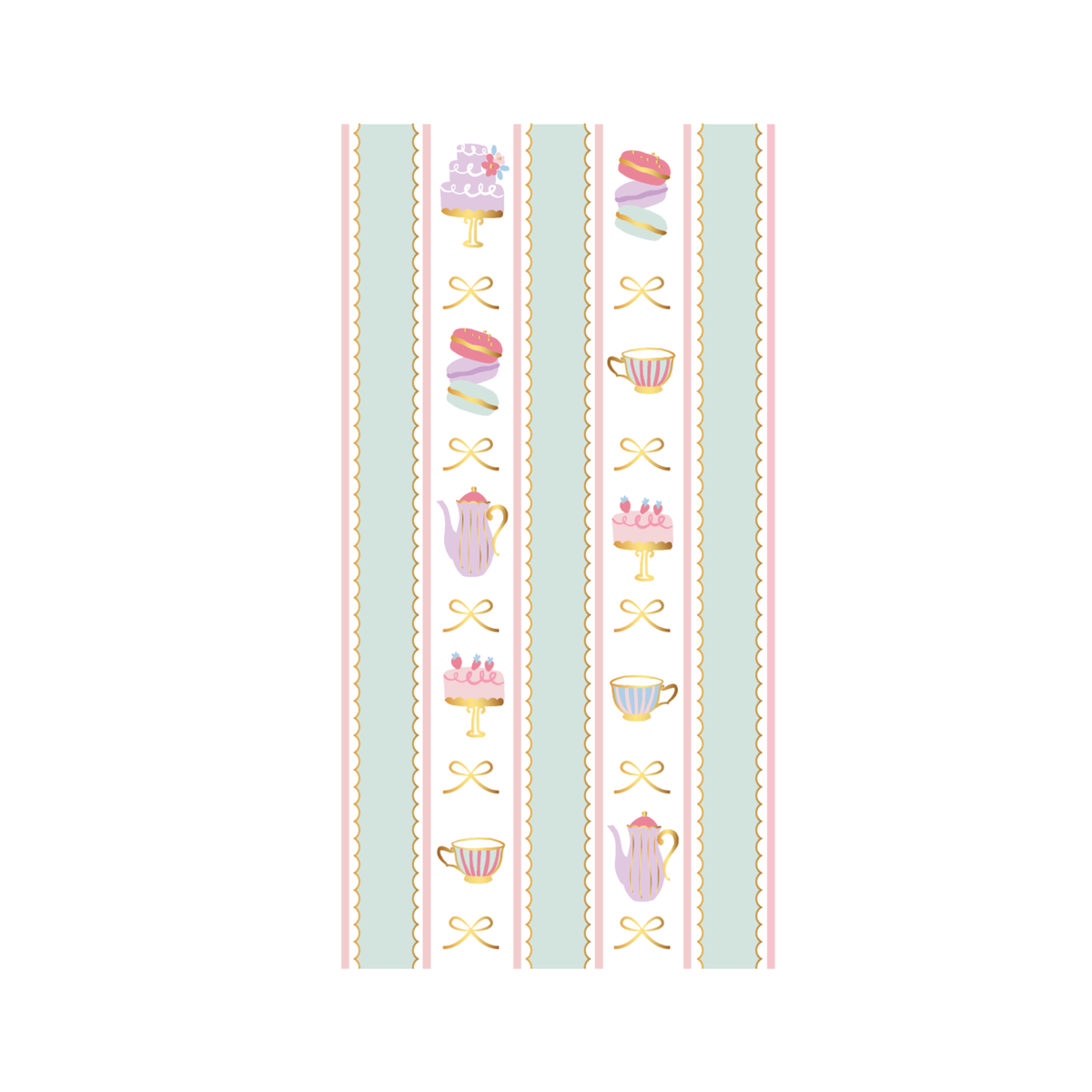 Tea party guest towel with a pastel patisserie print of teacups, cakes, and macarons over soft pink and mint stripes, front view on white background.