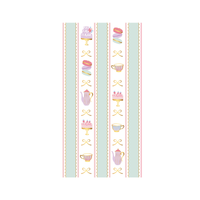 Tea party guest towel with a pastel patisserie print of teacups, cakes, and macarons over soft pink and mint stripes, front view on white background.