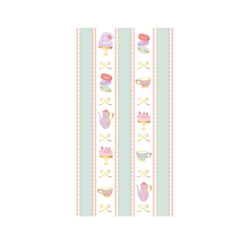 Tea party guest towel with a pastel patisserie print of teacups, cakes, and macarons over soft pink and mint stripes, front view on white background.