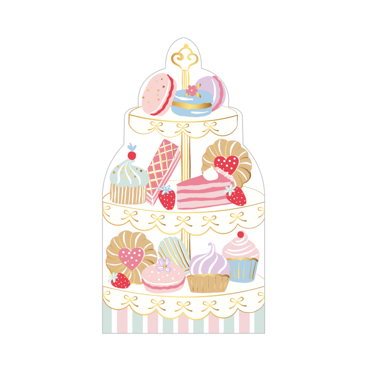 Die-cut tea party napkin shaped like a tiered patisserie dessert tower stacked with macarons, cakes, and cupcakes in pastel and gold, front view on white background.