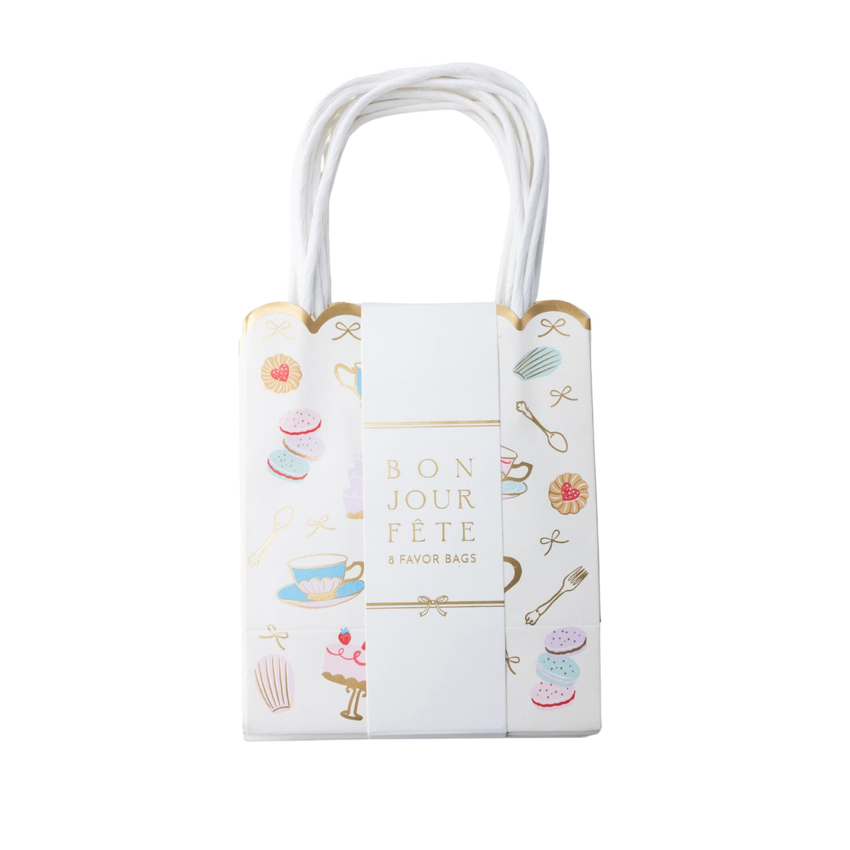 High Tea patisserie favor bag with a pastel teacup, cake, and macaron print and handles