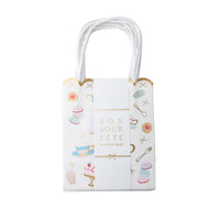 High Tea patisserie favor bag with a pastel teacup, cake, and macaron print and handles