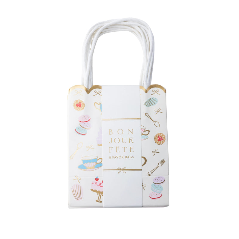 High Tea patisserie favor bag with a pastel teacup, cake, and macaron print and handles