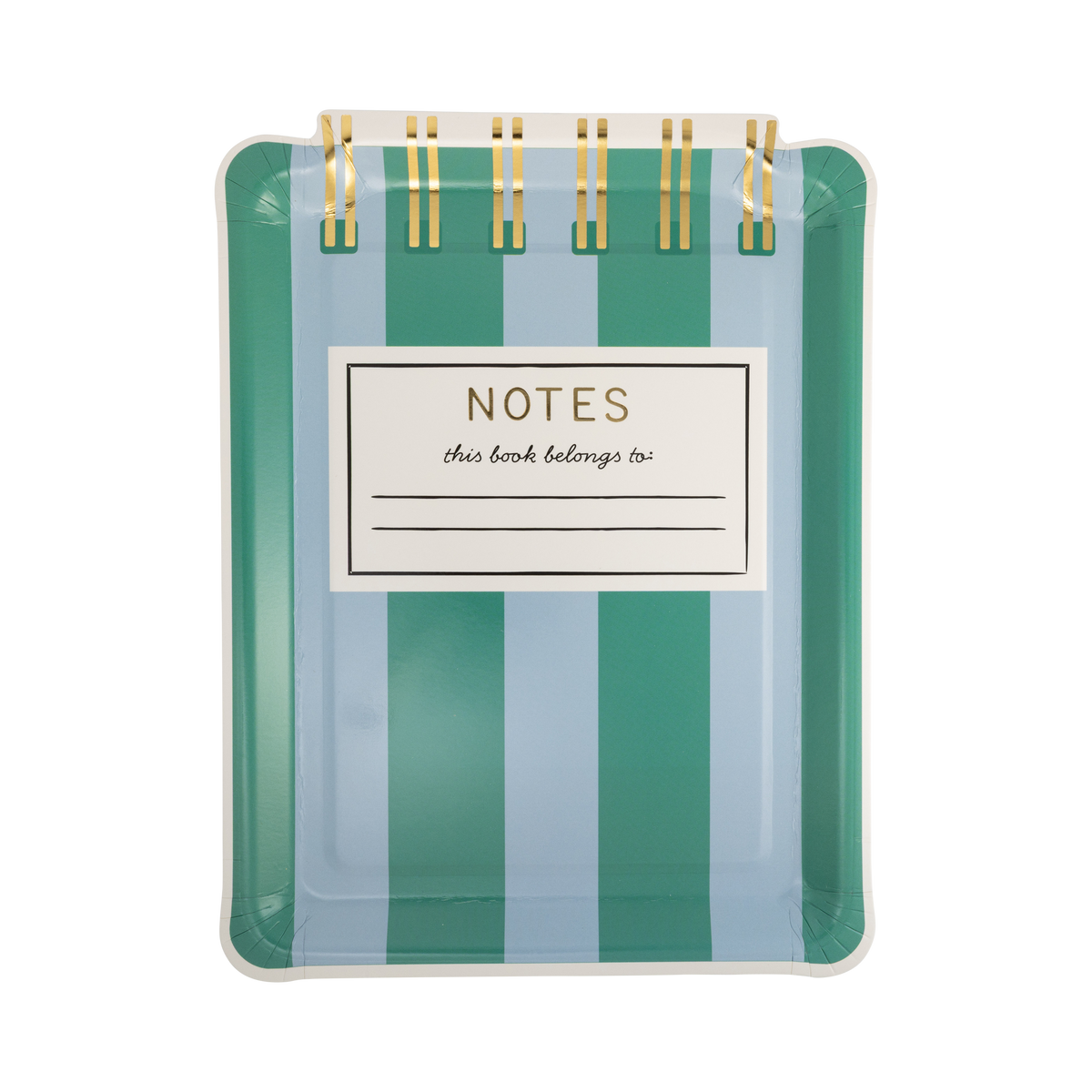 Teal and blue striped notebook shaped paper plate with gold foil spiral binding detail and gold foil "NOTES" title