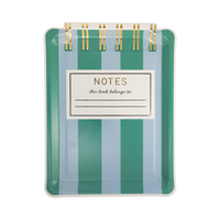 Teal and blue striped notebook shaped paper plate with gold foil spiral binding detail and gold foil "NOTES" title