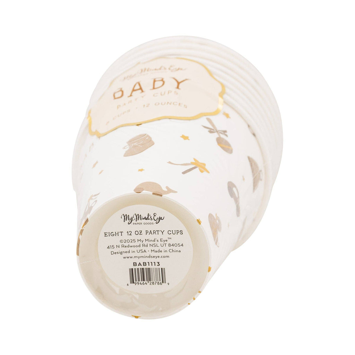 Bottom view of teddy bear baby cup packaging label