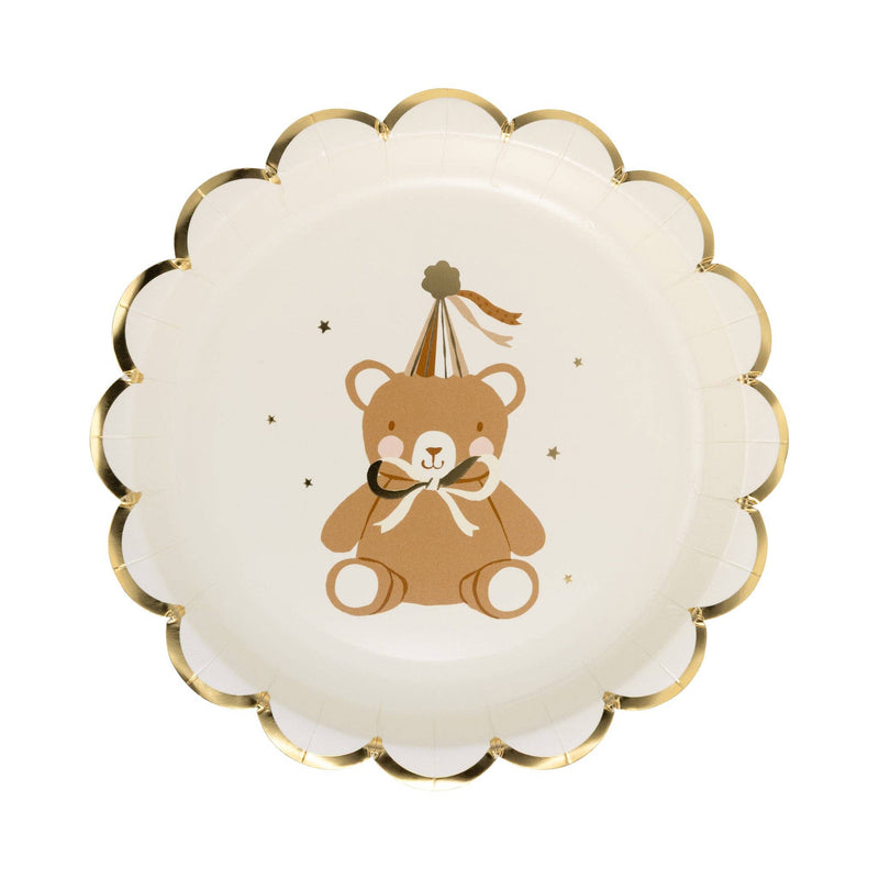 Teddy bear baby dessert plate with scalloped edge and gold foil