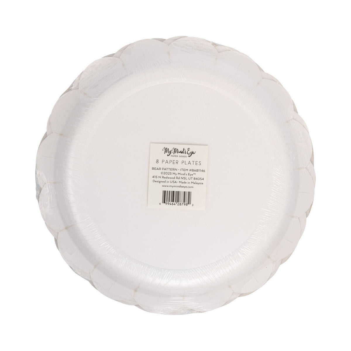 Back of teddy bear baby pattern paper plates in packaging