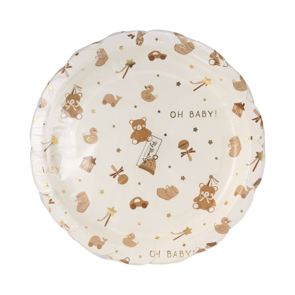 Teddy bear baby pattern paper plates in packaging