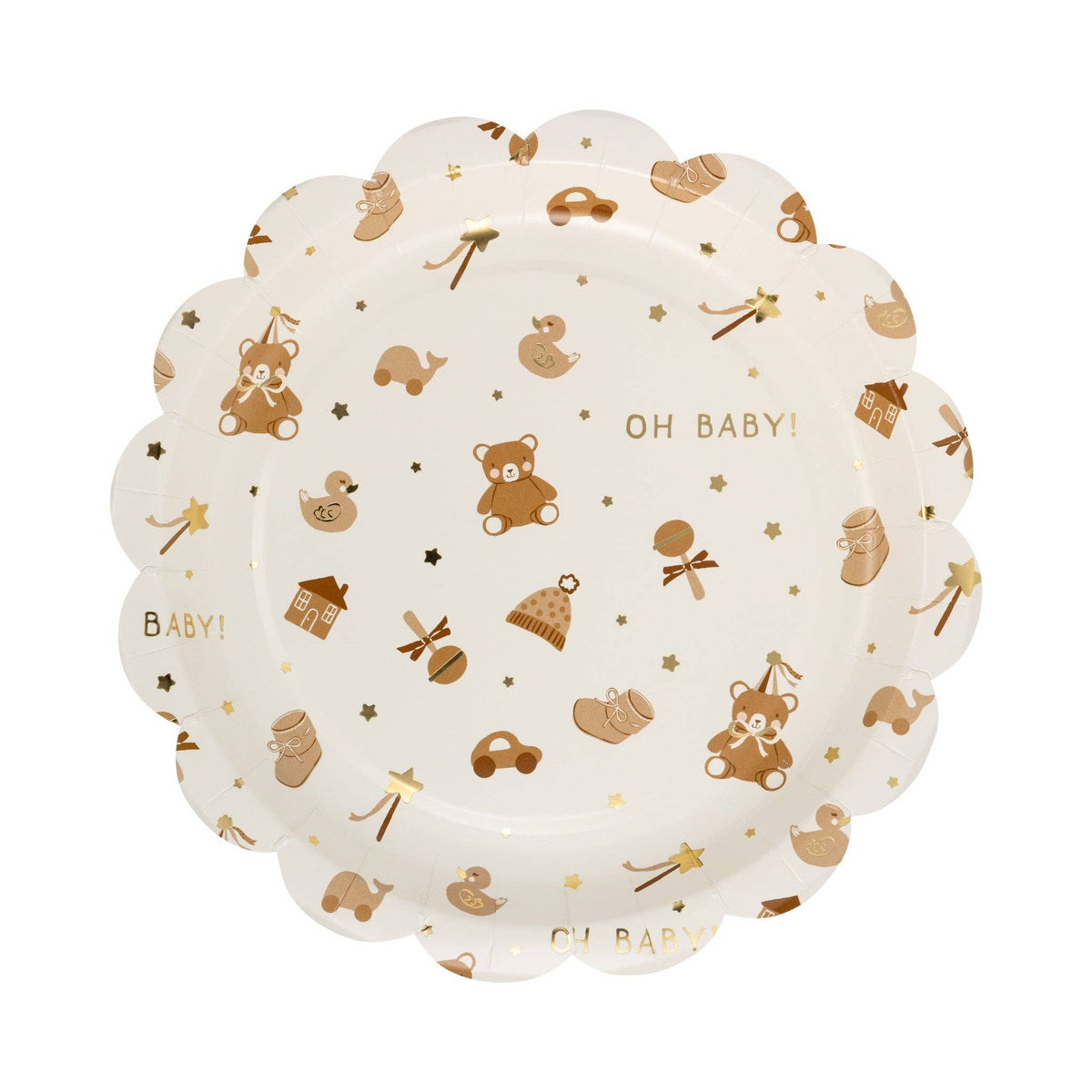 Teddy bear baby pattern paper plate with scalloped edge and gold foil