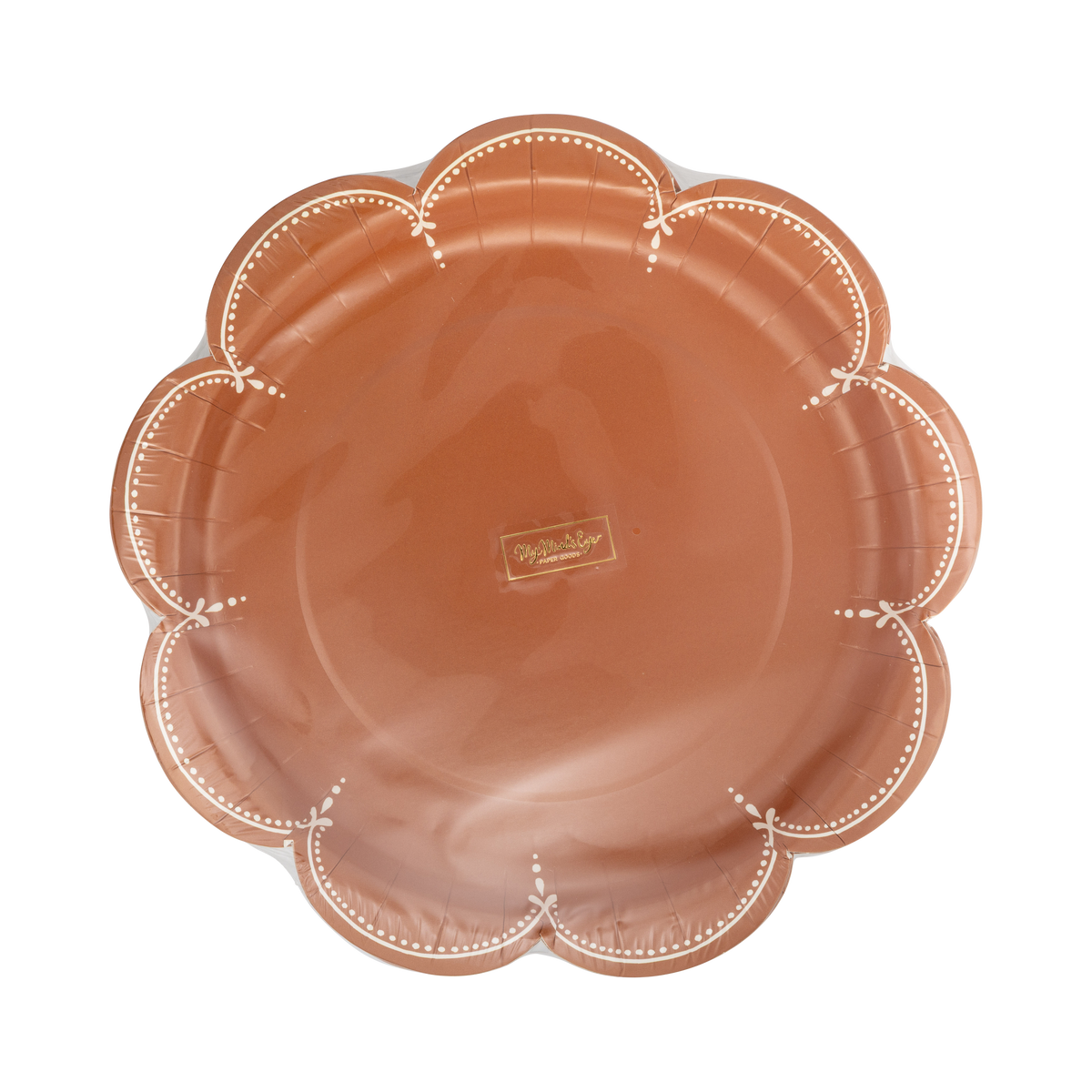 Front-facing studio shot highlighting the glossy finish and deep scalloped rim of the solid rust paper dinner plate.