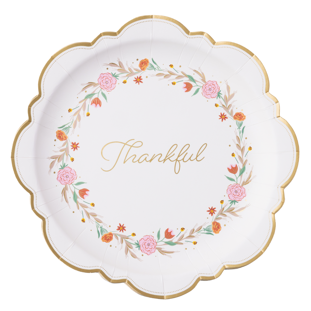White Thanksgiving dinner plate with a fall floral wreath, Thankful in gold script, and a gold scalloped rim