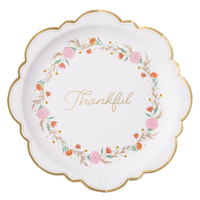 White Thanksgiving dinner plate with a fall floral wreath, Thankful in gold script, and a gold scalloped rim