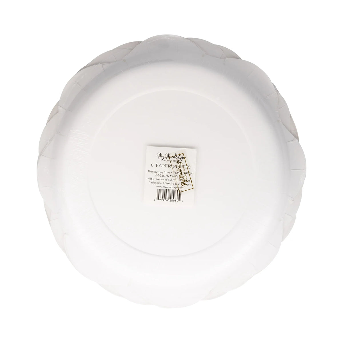 Back of package showing set of 8 scalloped 10-inch paper plates with label.