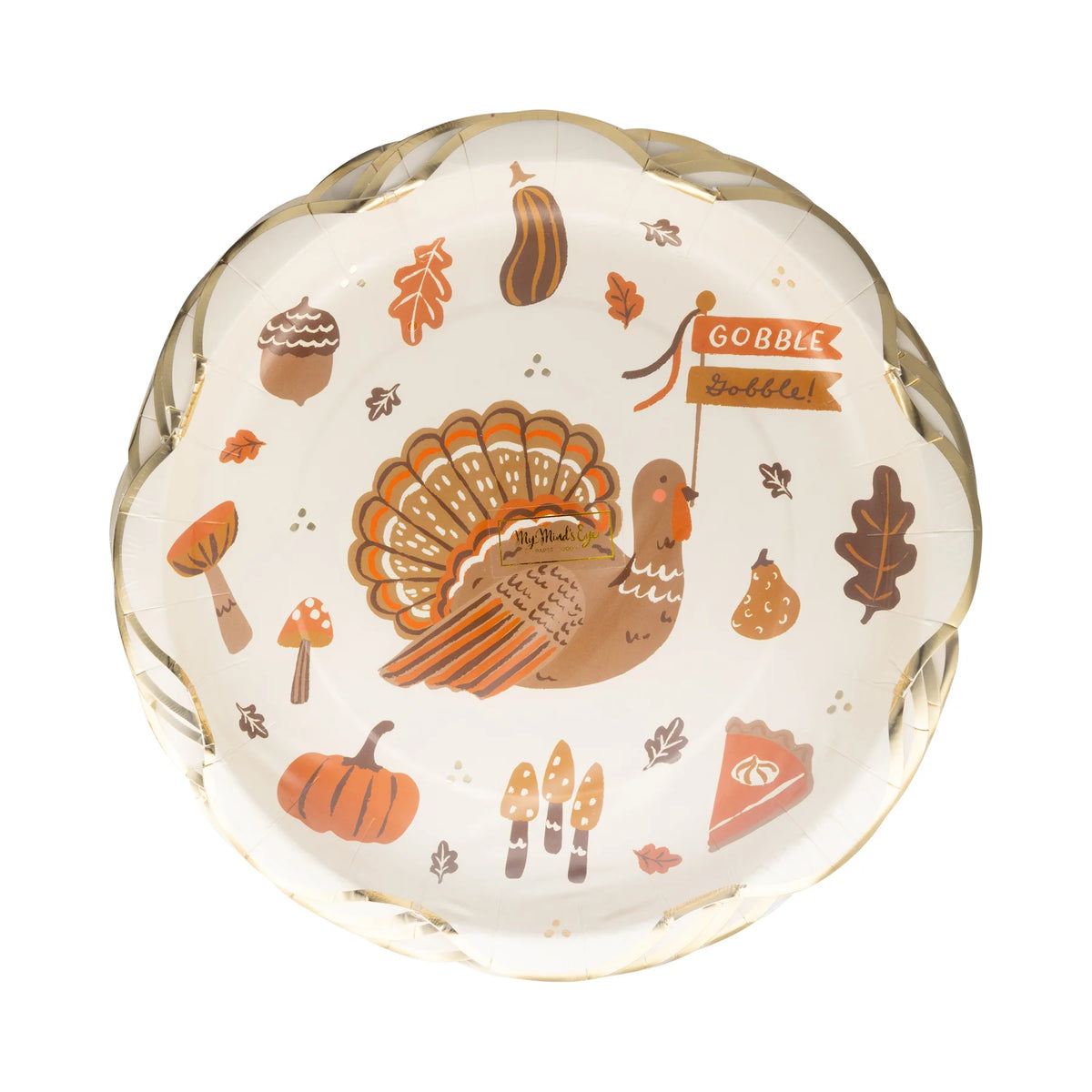 Round scalloped plate with turkey, pumpkins, leaves, mushrooms, and gold-foil rim.
