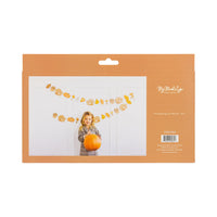 Back of package showing photo of a child holding a pumpkin beneath a Thanksgiving icons garland.