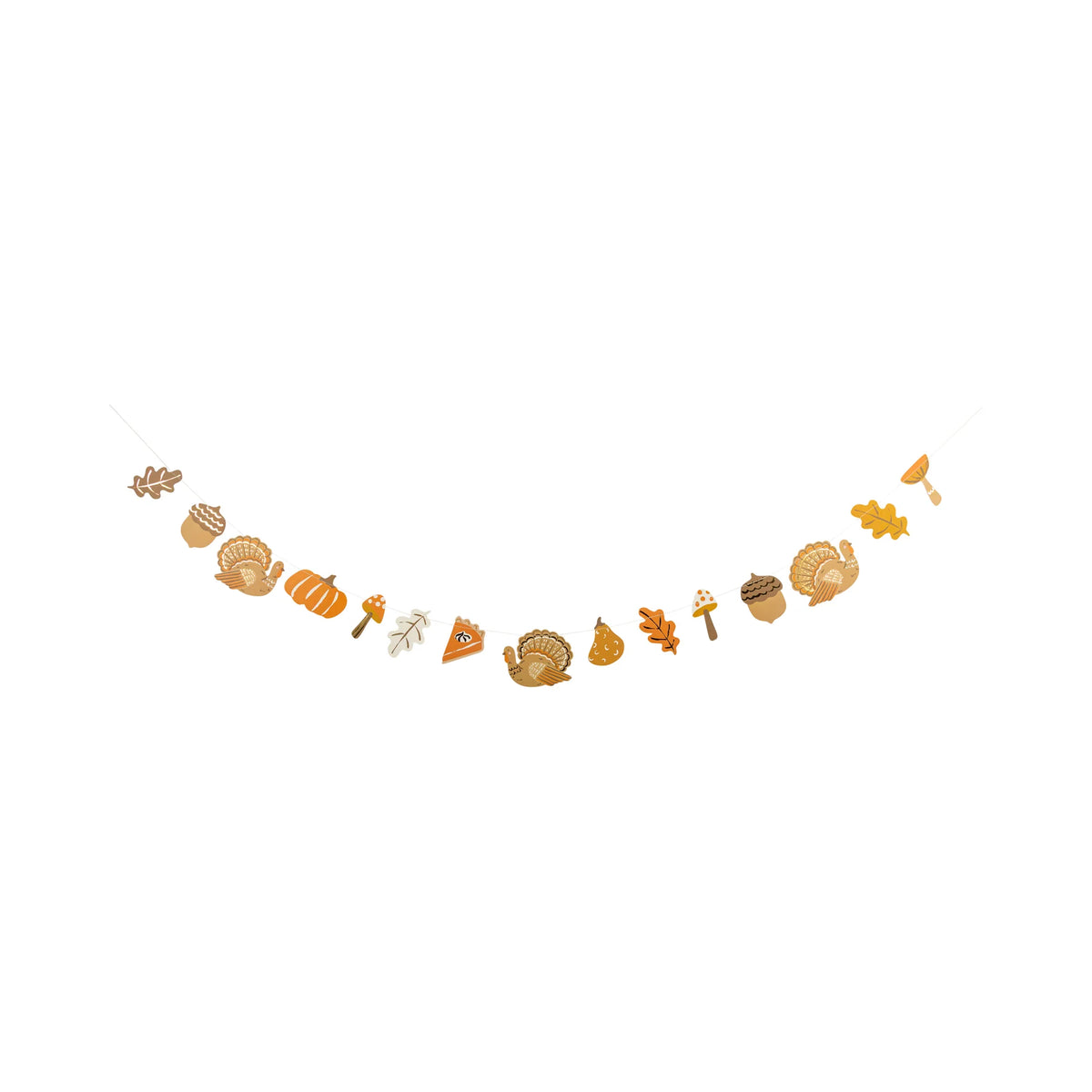 Isolated paper garland with turkeys, pumpkins, acorns, leaves, mushrooms, and pie slice on a 6-ft string.