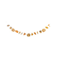 Isolated paper garland with turkeys, pumpkins, acorns, leaves, mushrooms, and pie slice on a 6-ft string.