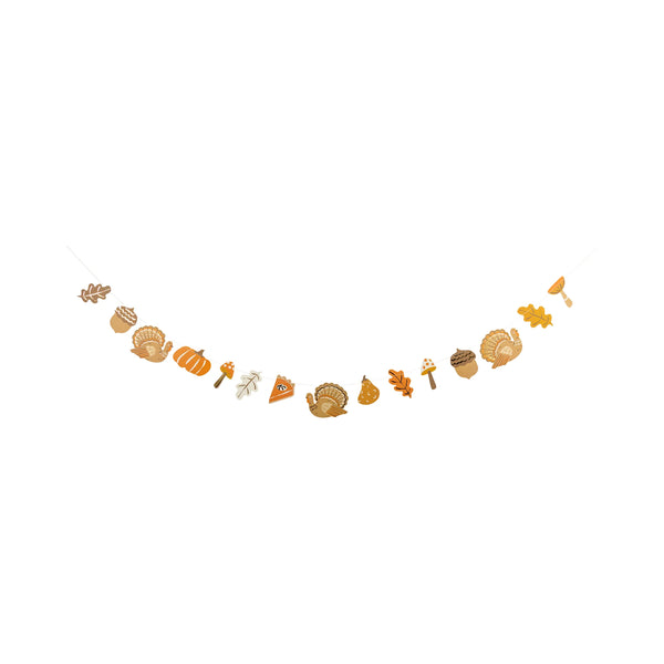 Isolated paper garland with turkeys, pumpkins, acorns, leaves, mushrooms, and pie slice on a 6-ft string.