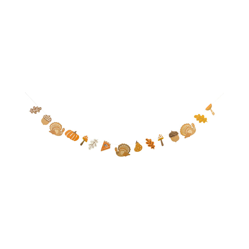 Isolated paper garland with turkeys, pumpkins, acorns, leaves, mushrooms, and pie slice on a 6-ft string.