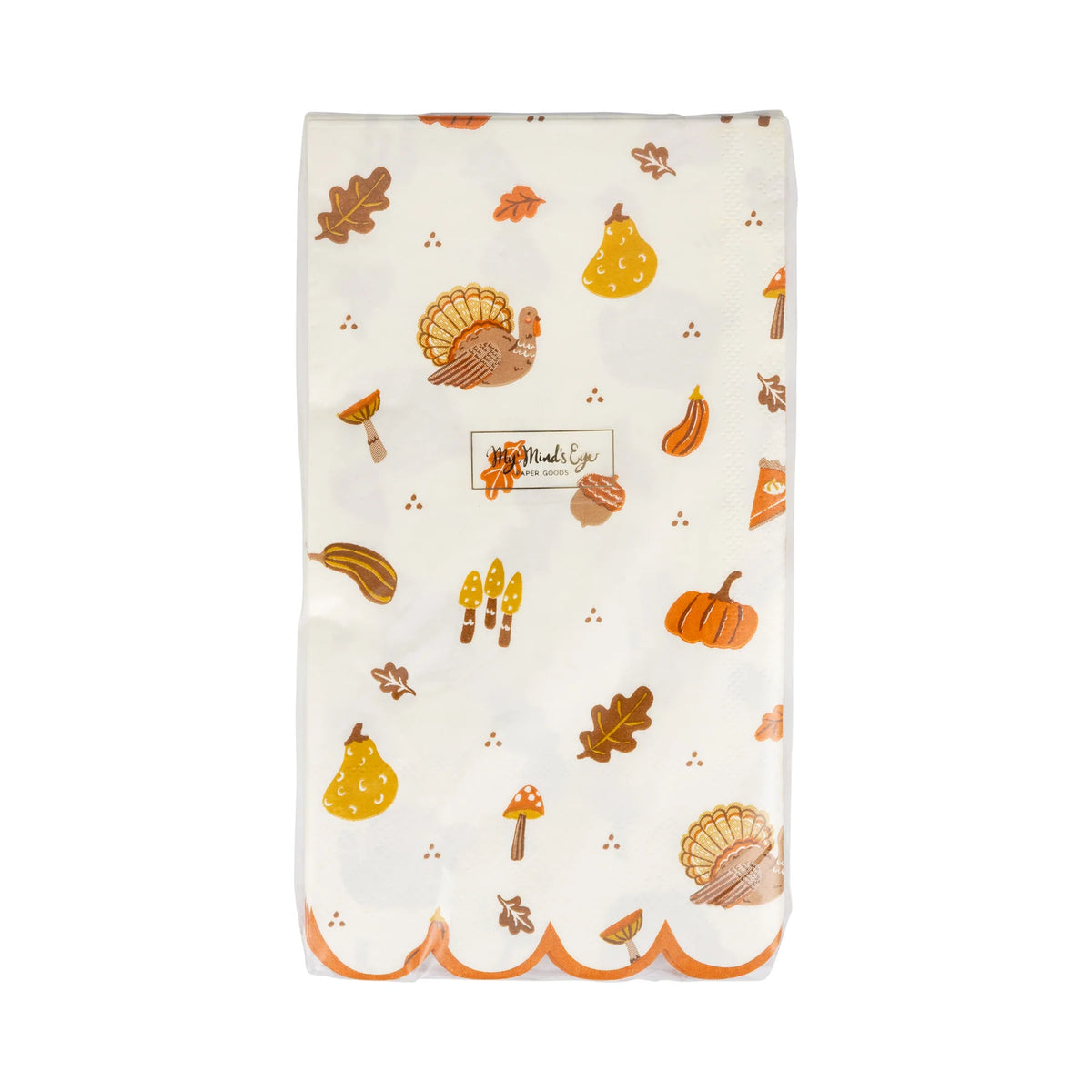 Pack of 24 guest-towel dinner napkins with Thanksgiving icons and scalloped orange edge.