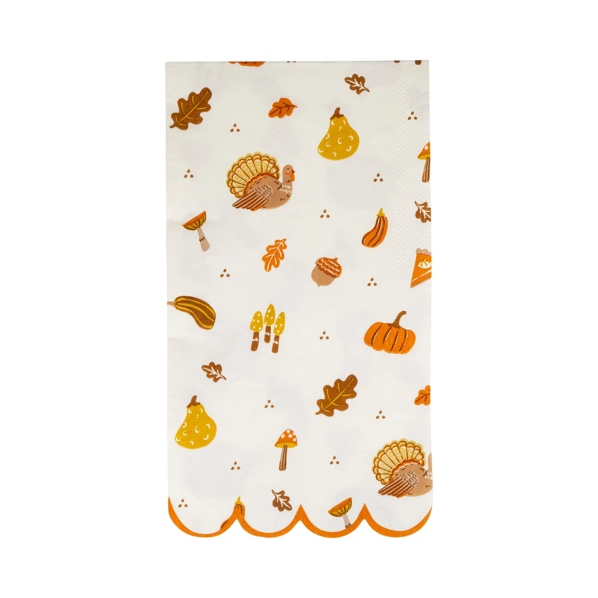 Single guest-towel napkin showing turkeys, pumpkins, leaves, pears, and mushrooms.