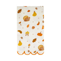 Single guest-towel napkin showing turkeys, pumpkins, leaves, pears, and mushrooms.