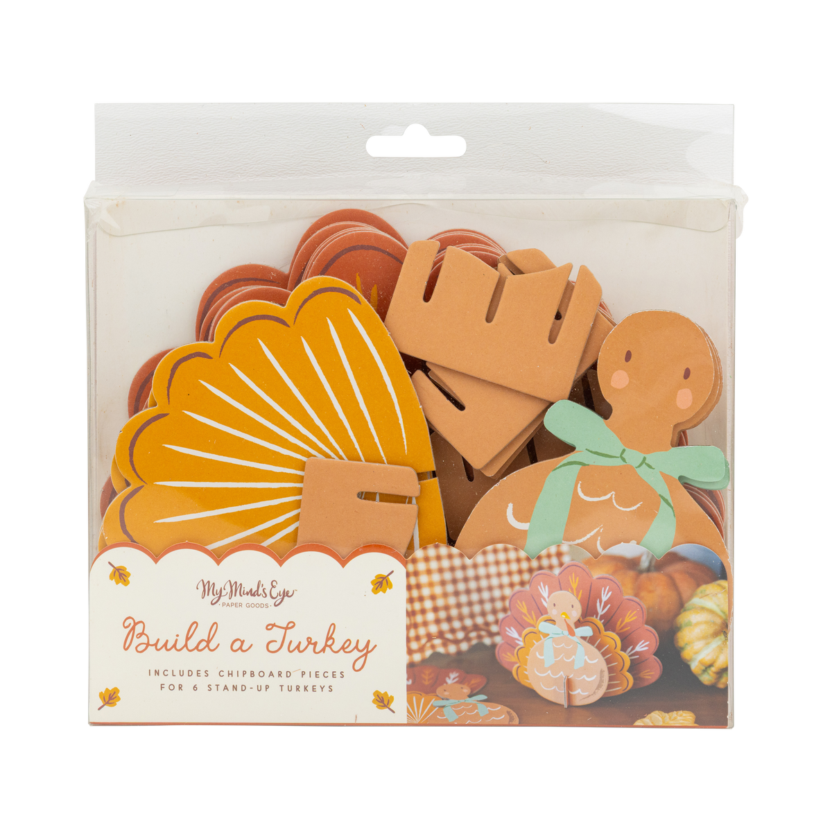 Packaging of 'Build a Turkey' craft kit with wooden pieces on a white background.