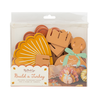 Packaging of 'Build a Turkey' craft kit with wooden pieces on a white background.