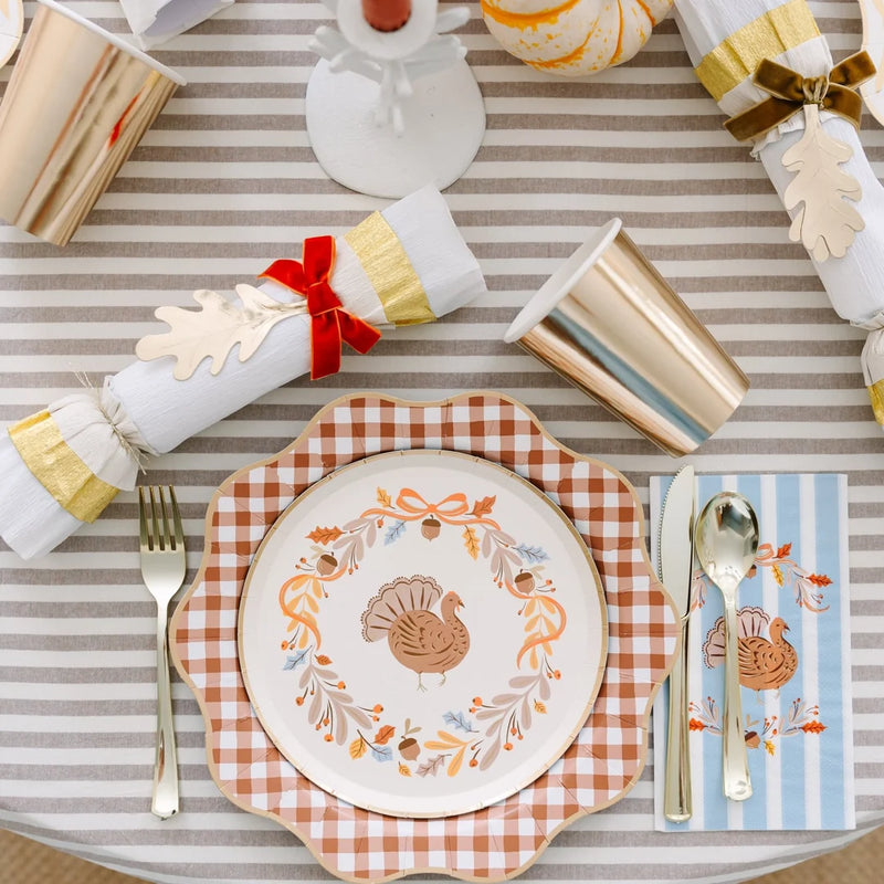 Scalloped Brown Gingham Paper Dinner Plates 11"