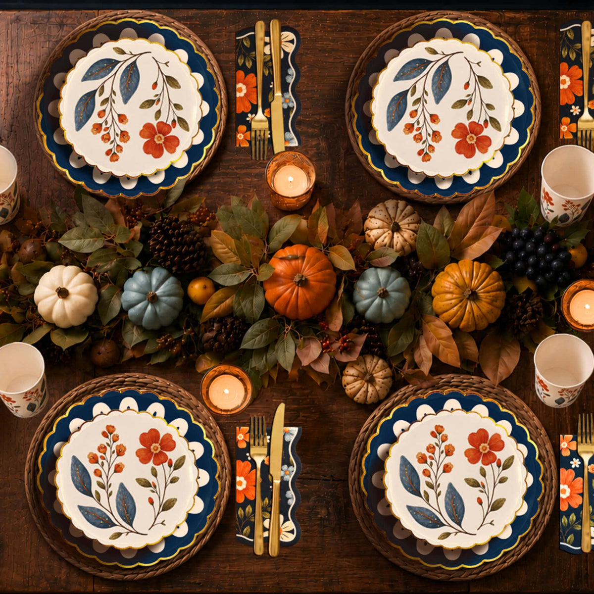 Overhead Thanksgiving table for four with navy doily plates under wildflower dessert plates on rattan chargers