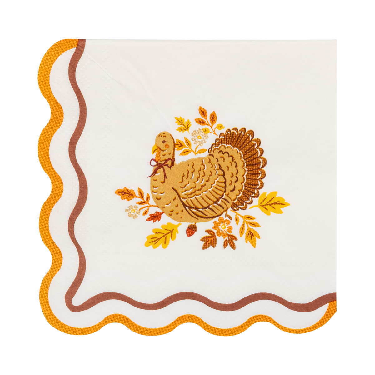 Styled Thanksgiving paper napkin overhead shot showing the back view of the turkey napkin.