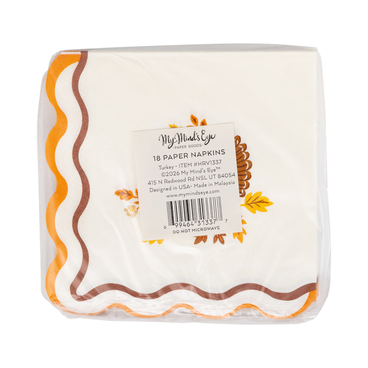 Packaged Thanksgiving paper napkins in clear wrap with product label showing the 18-count.