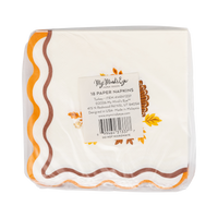 Packaged Thanksgiving paper napkins in clear wrap with product label showing the 18-count.