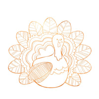 Thanksgiving turkey coloring placemat with a playful turkey illustration in copper-foil outlines ready to color, overhead view on white background.