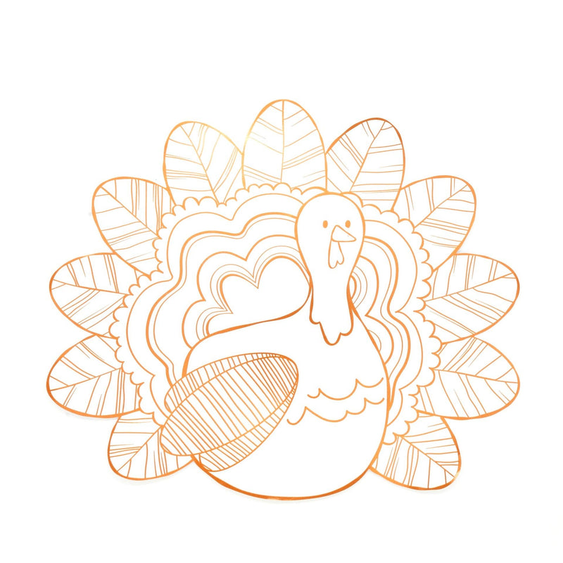 Thanksgiving turkey coloring placemat with a playful turkey illustration in copper-foil outlines ready to color, overhead view on white background.