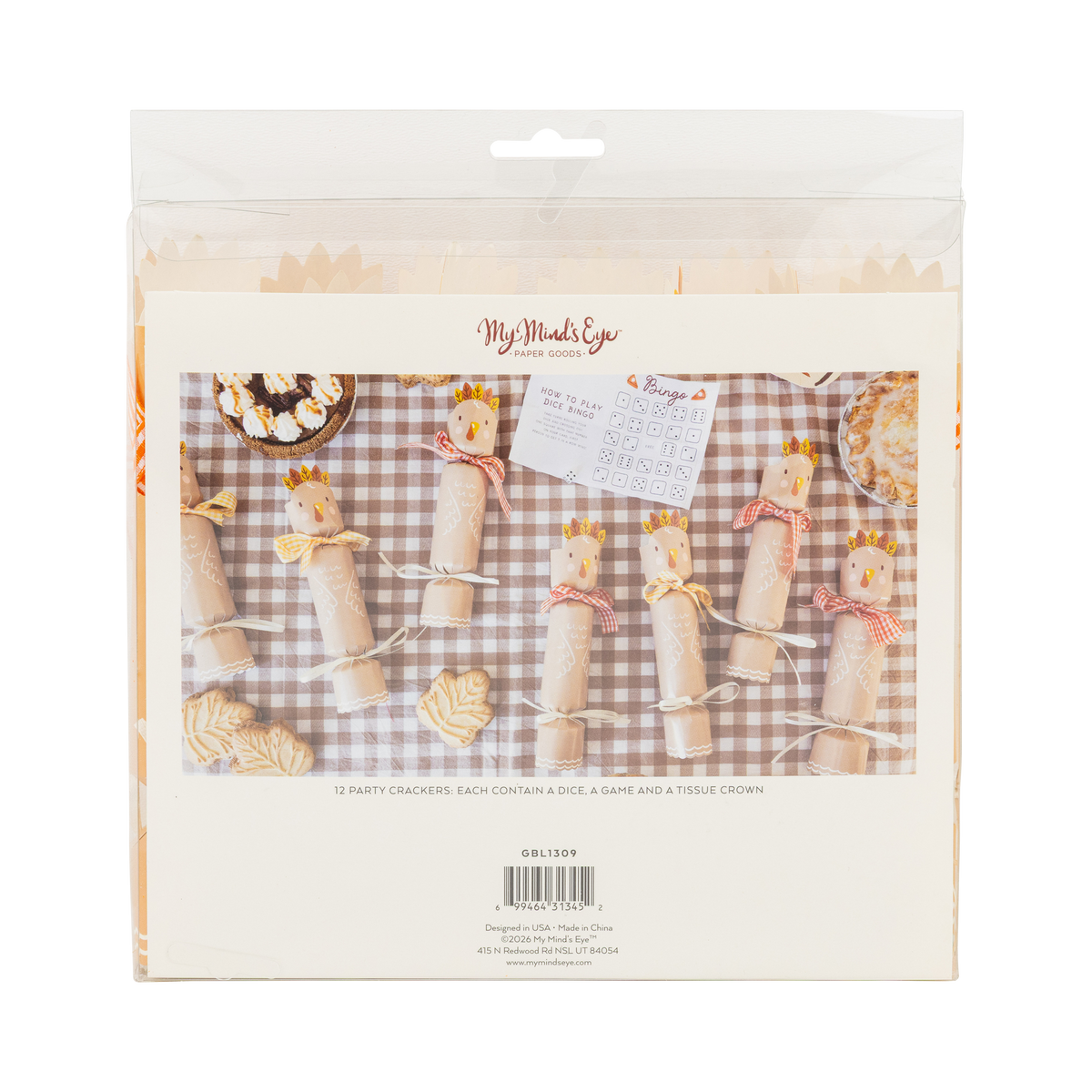 Product packaging with turkey crackers and decorative items on a checkered background, featuring 'My Mind's Eye' branding.