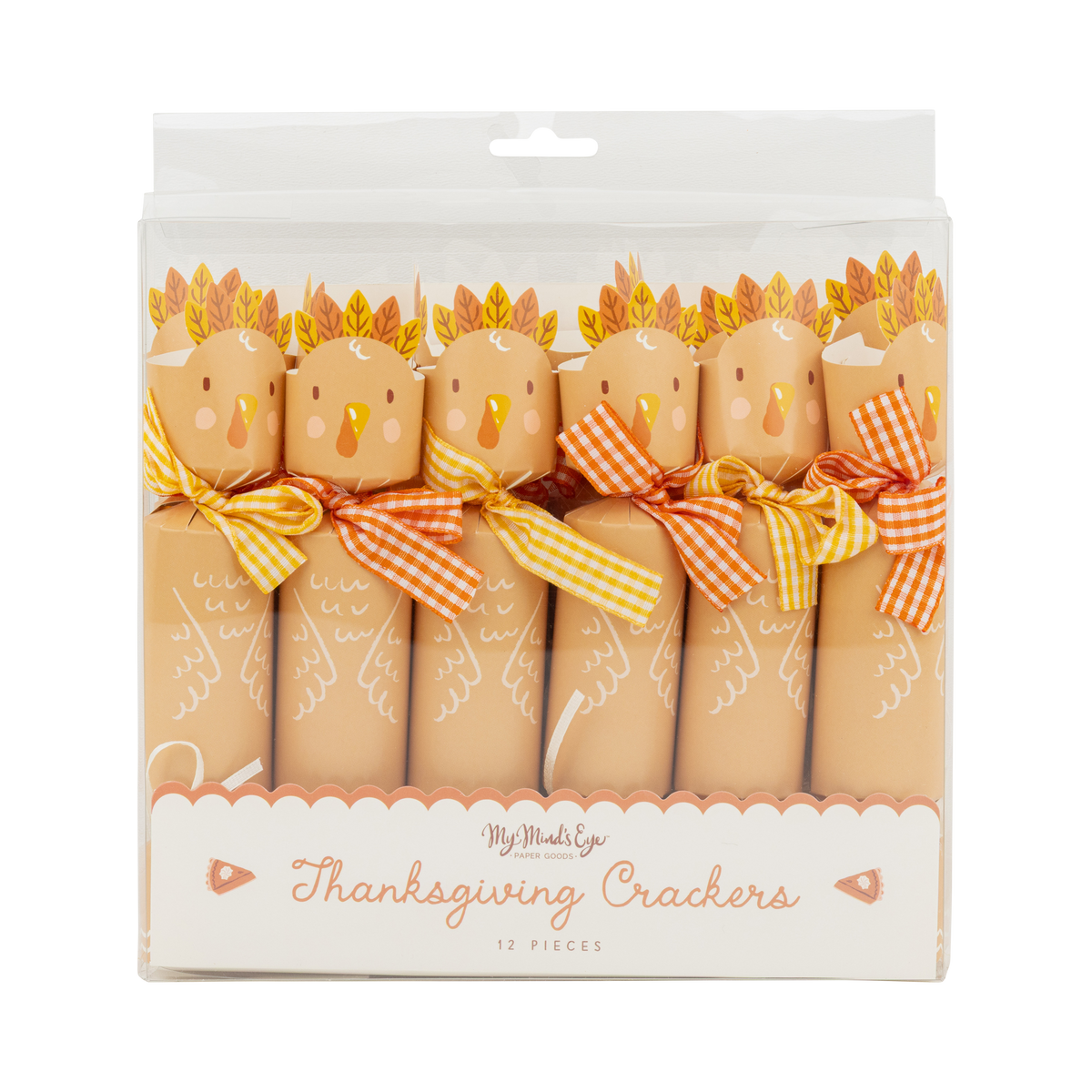 Clear packaging of a thanksgiving turkey crackers with decorative bows on a white background.