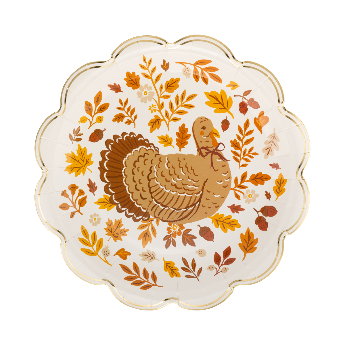 Cream round Thanksgiving dinner plate with a detailed brown turkey illustration in the center surrounded by a wreath of fall leaves, acorns, and berries, with a gold foil scalloped edge, overhead view.