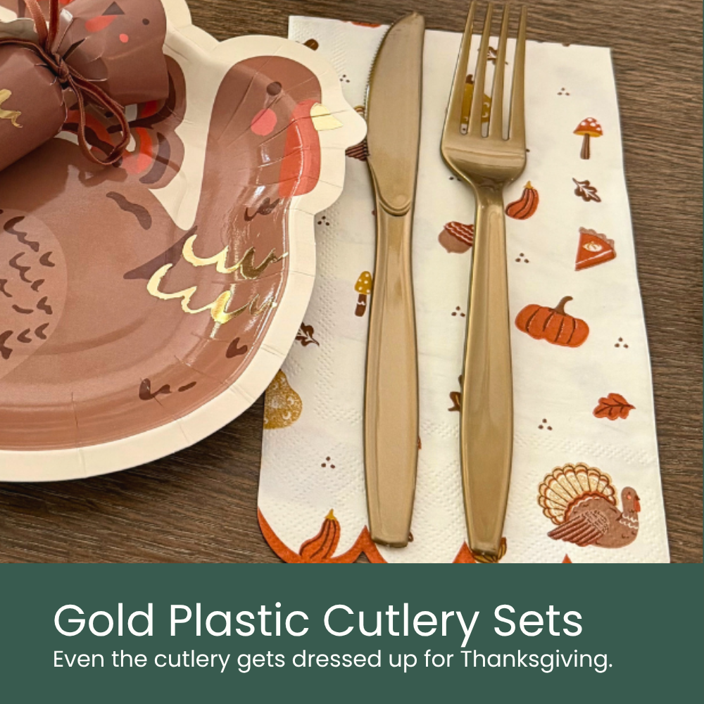 Gold Plastic Cutlery Sets. Even the cutlery gets dressed up for Thanksgiving.