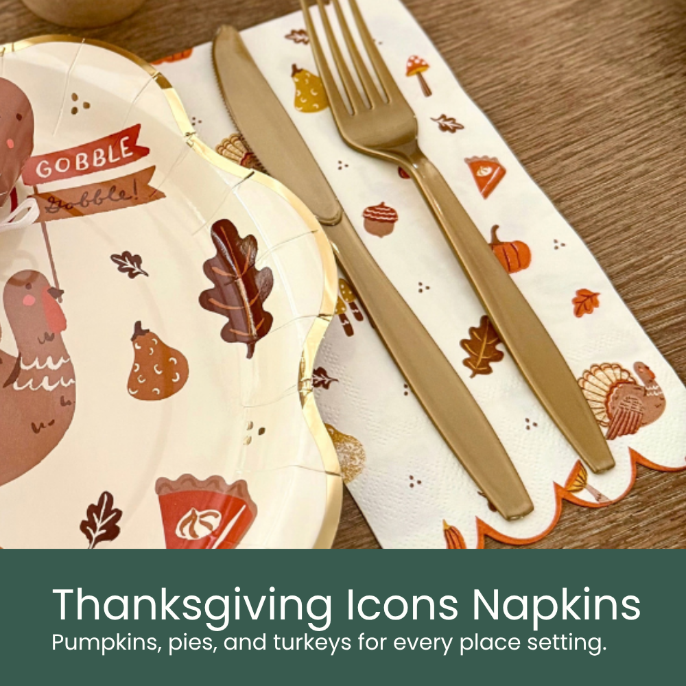 Thanksgiving Icons Napkins. Pumpkins, pies, and turkeys for every place setting.