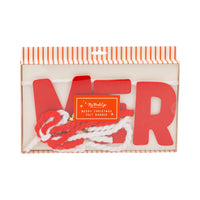 Front packaging of thick felt Merry Christmas banner with pre-strung letters and ribbon.