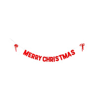 Product on white—5 ft felt Merry Christmas banner with candy-cane ribbon tails.