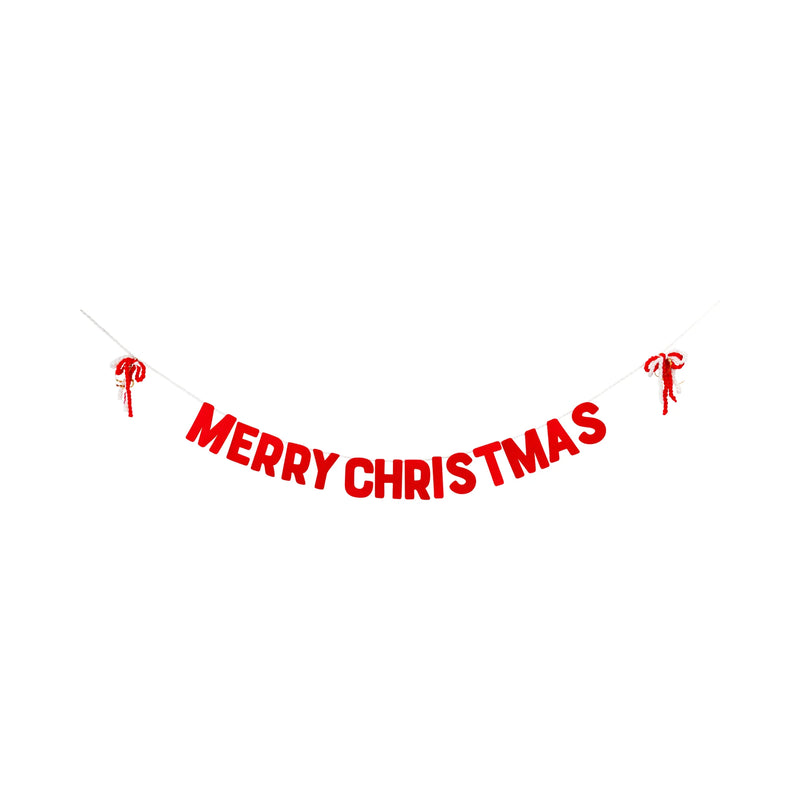 Product on white—5 ft felt Merry Christmas banner with candy-cane ribbon tails.