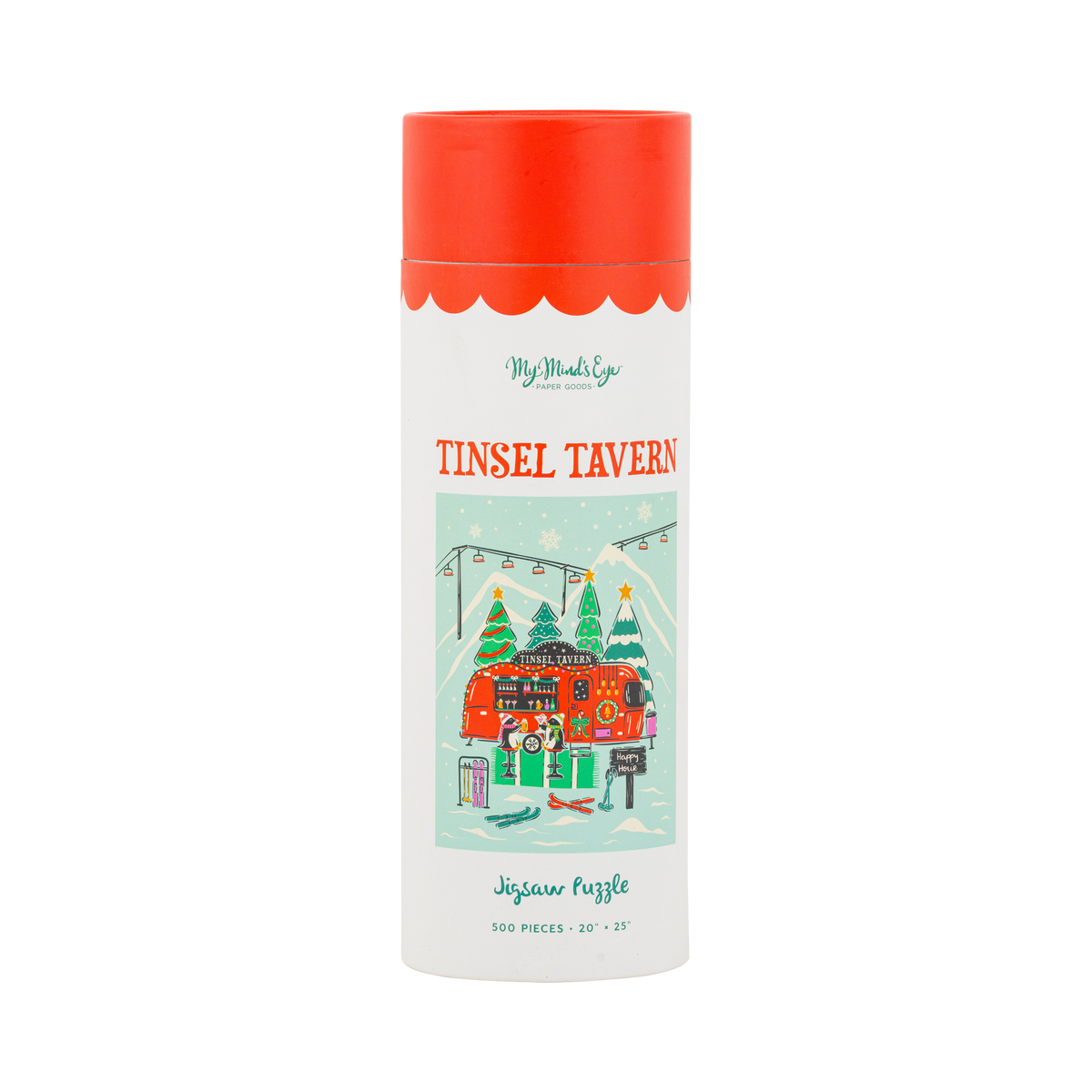 Tinsel Tavern 500 piece Christmas puzzle tube with a colorful penguin tavern illustration