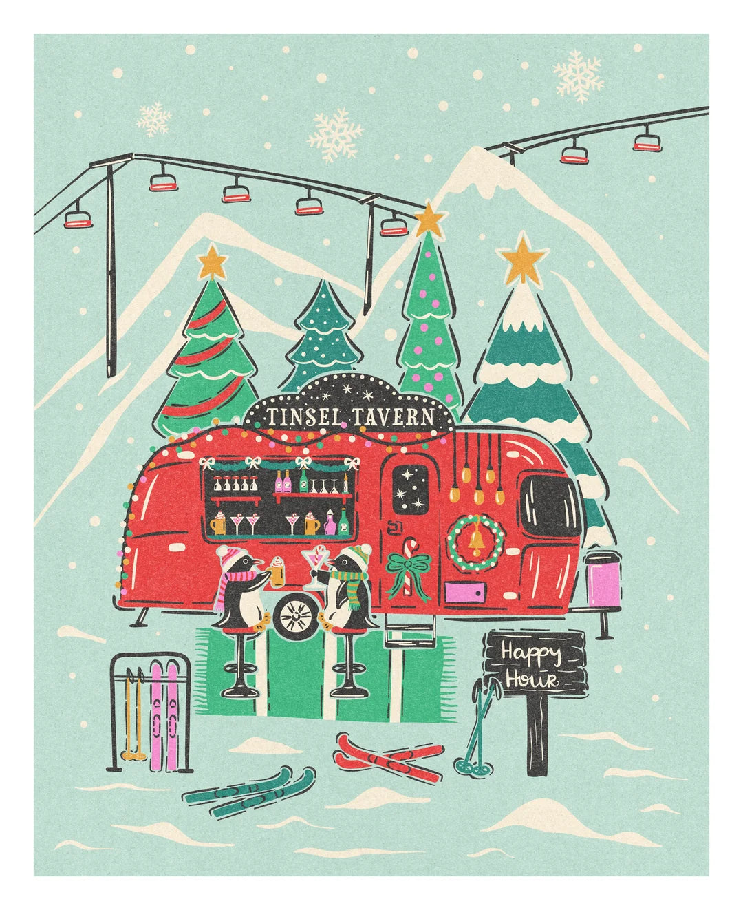 Christmas ski lodge jigsaw puzzle design with two penguins toasting drinks at a red Tinsel Tavern camper bar, surrounded by decorated trees, a ski lift, skis and a Happy Hour sign