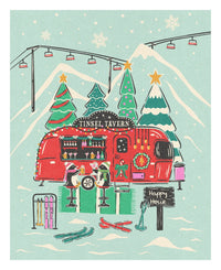 Christmas ski lodge jigsaw puzzle design with two penguins toasting drinks at a red Tinsel Tavern camper bar, surrounded by decorated trees, a ski lift, skis and a Happy Hour sign